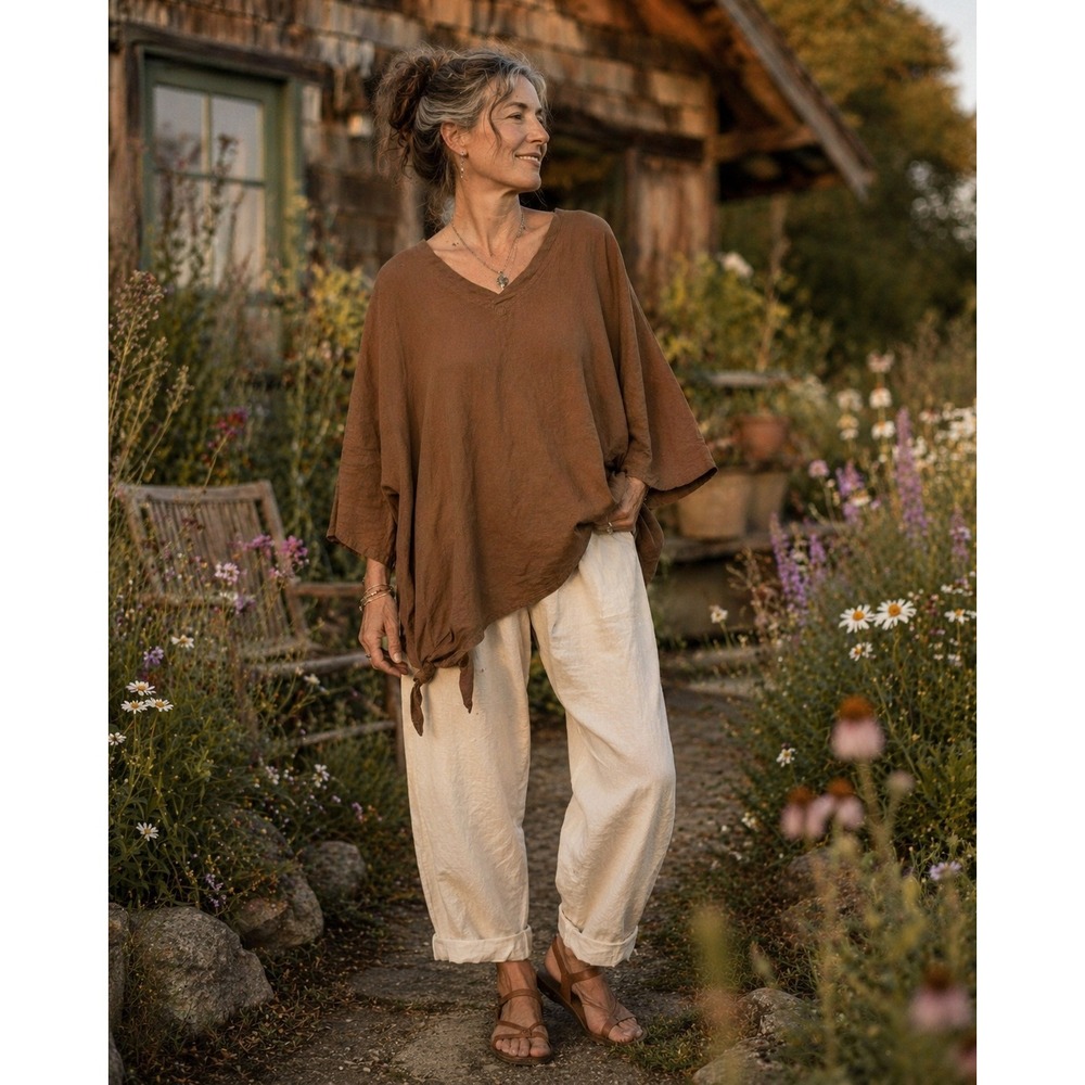 B'Gauze Brown Cotton V-Neck‎ Asymmetrical Side Tie Top Made in USA Womens Size 2